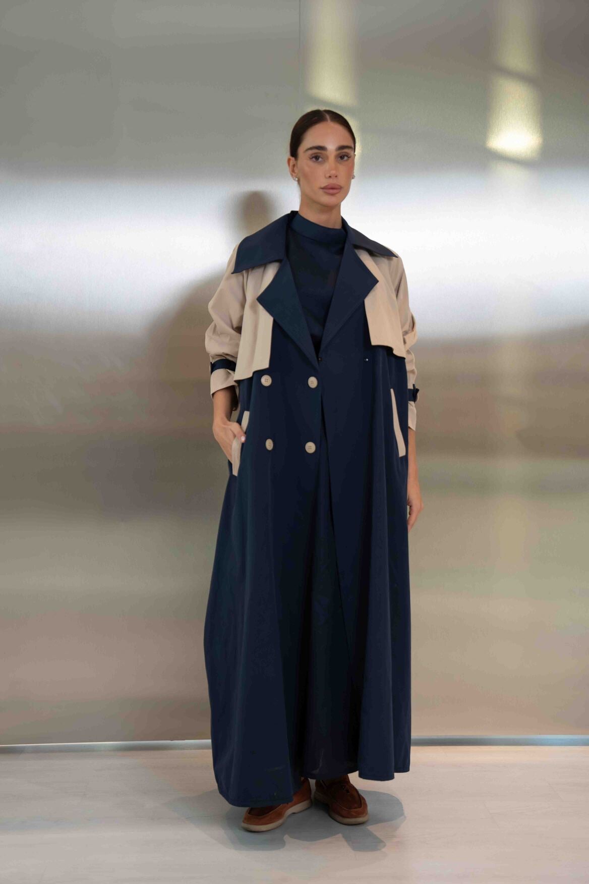Navy & Beige Trench Coat Abaya - 2047