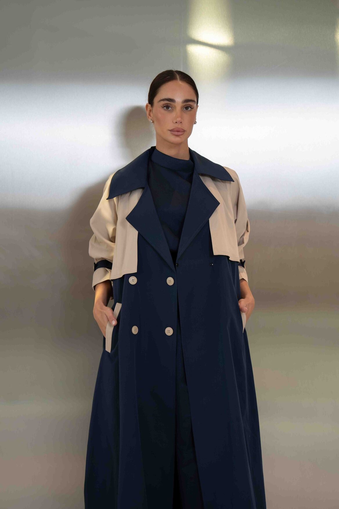 Navy & Beige Trench Coat Abaya - 2047