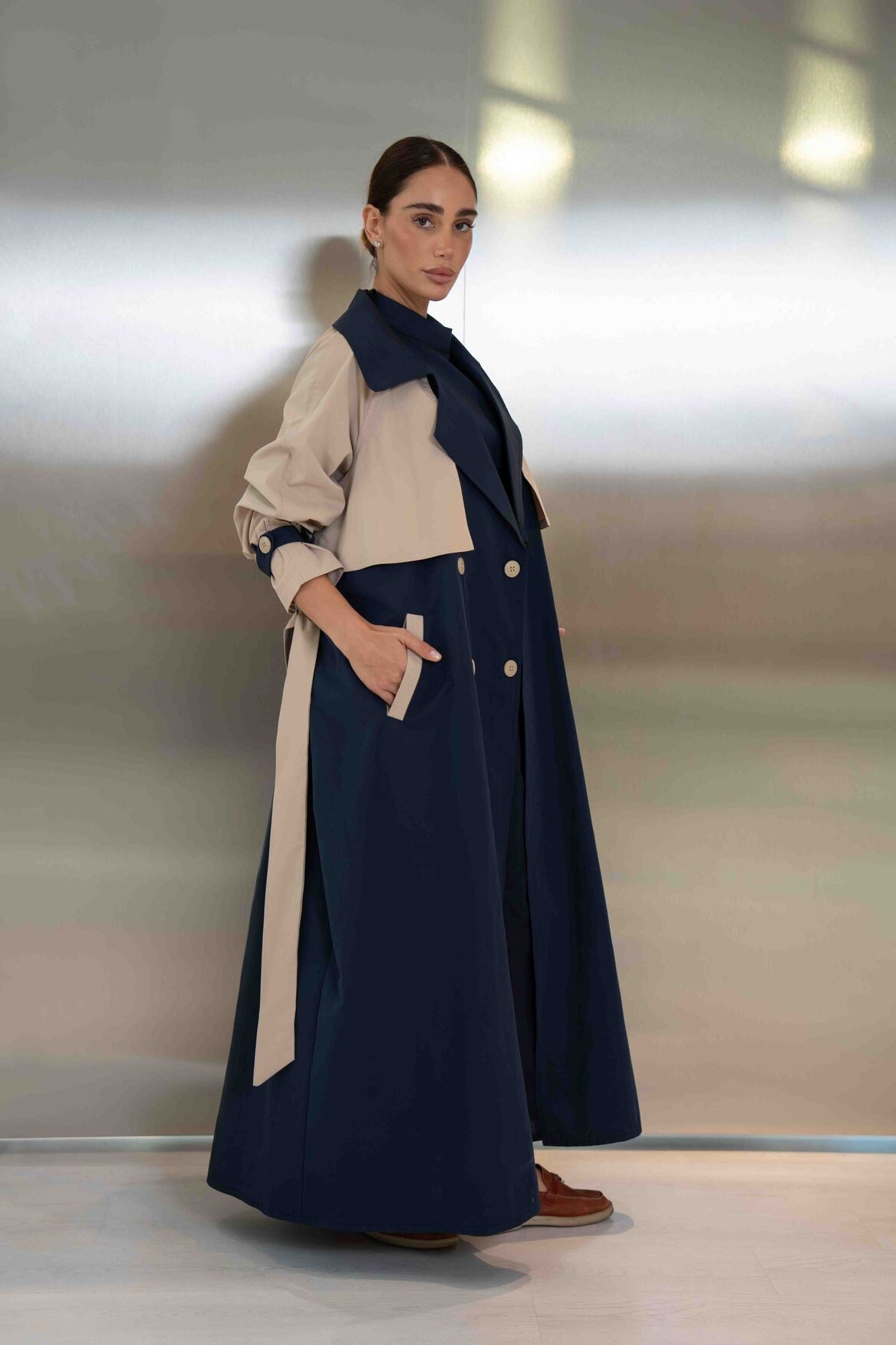Navy & Beige Trench Coat Abaya - 2047