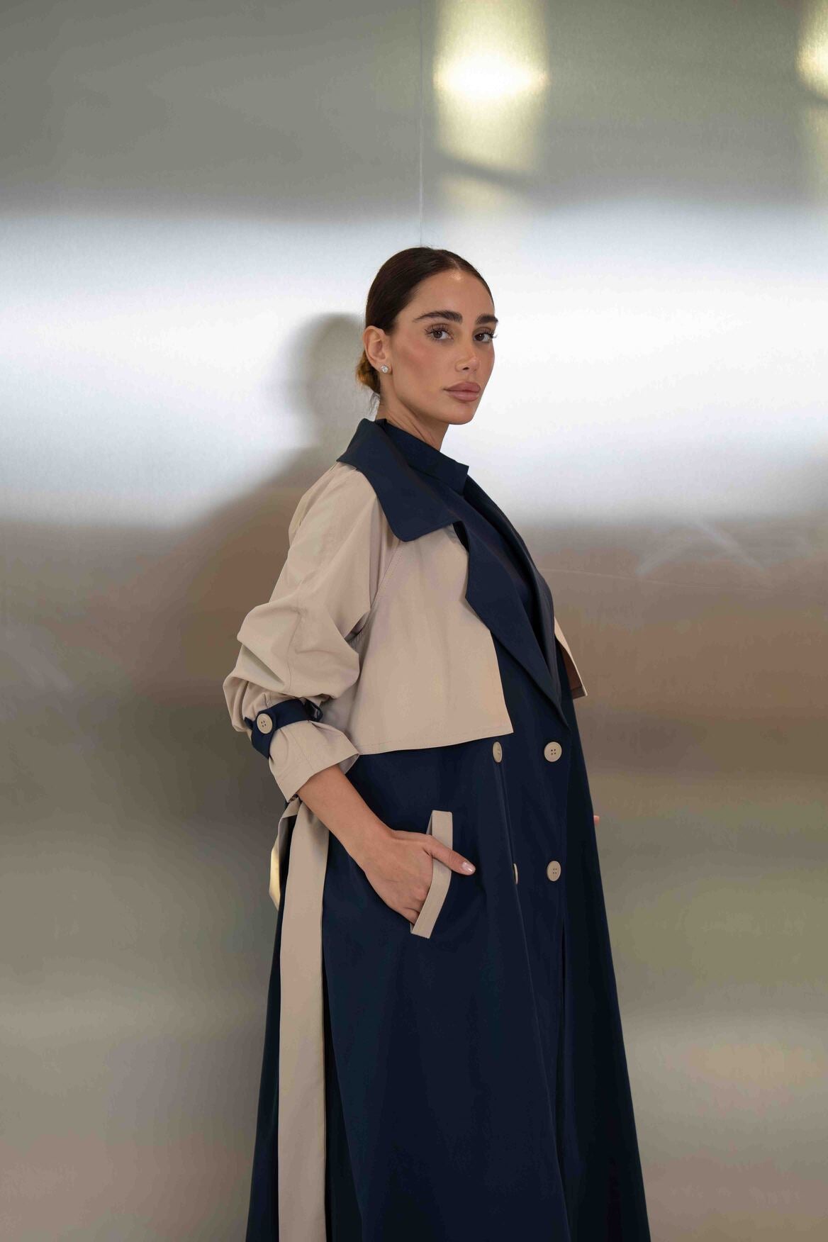 Navy & Beige Trench Coat Abaya - 2047