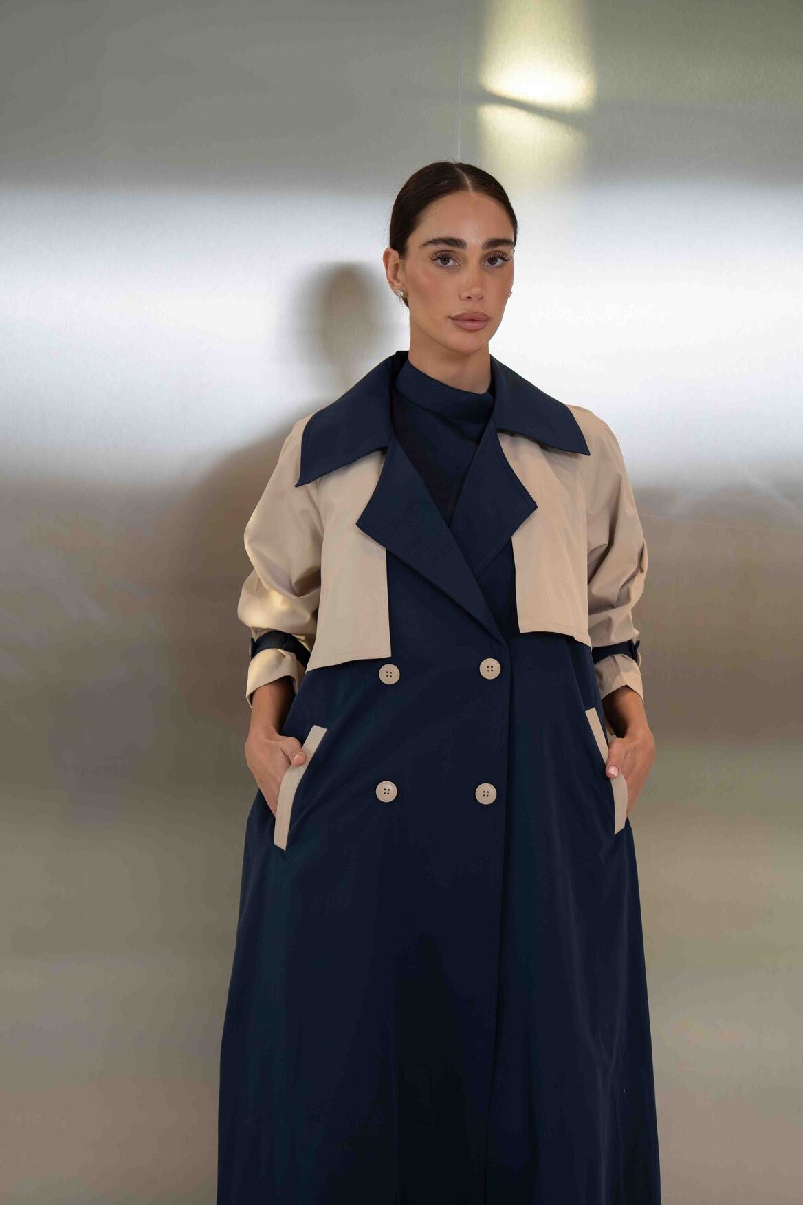 Navy & Beige Trench Coat Abaya - 2047