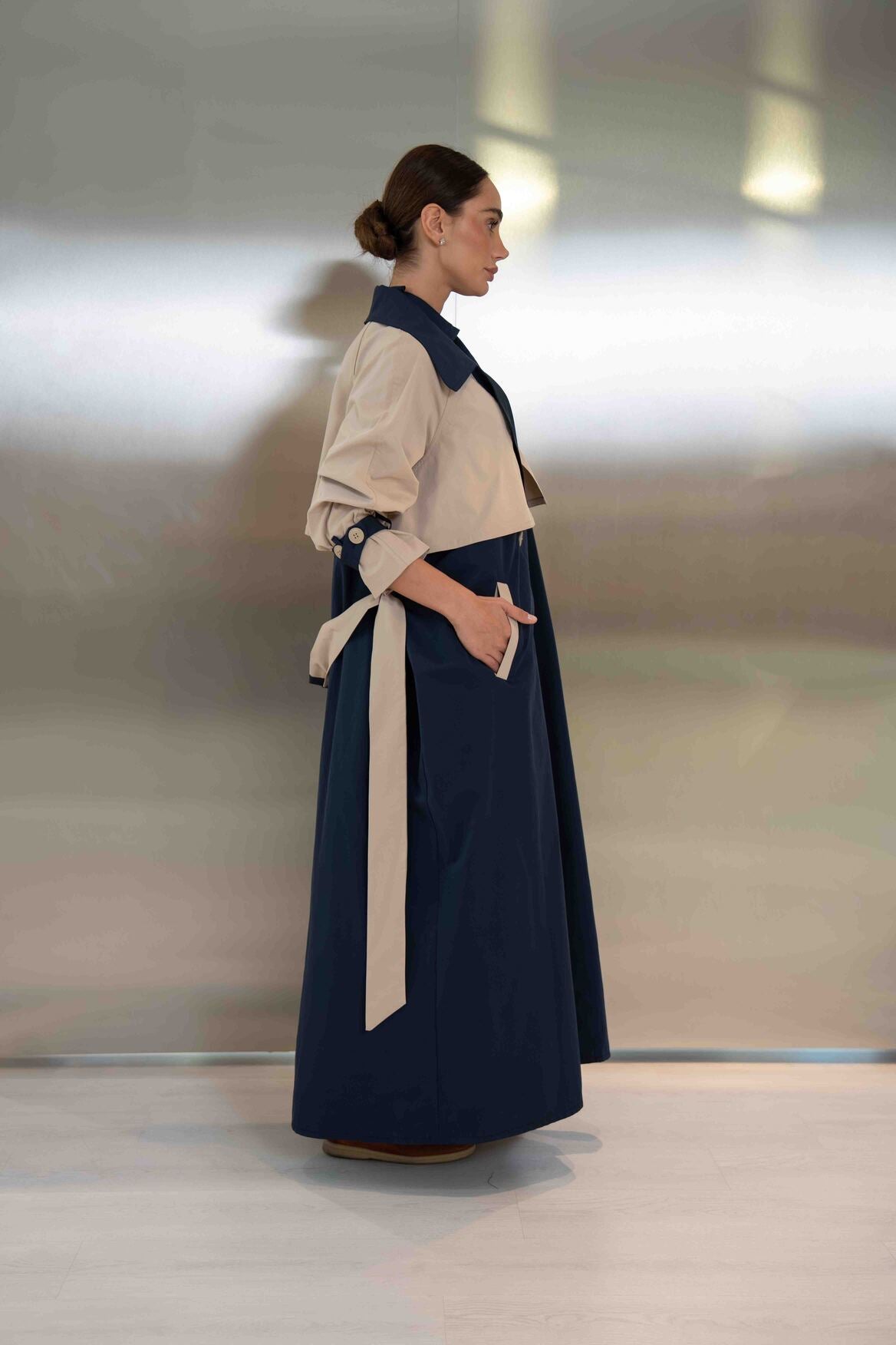 Navy & Beige Trench Coat Abaya - 2047