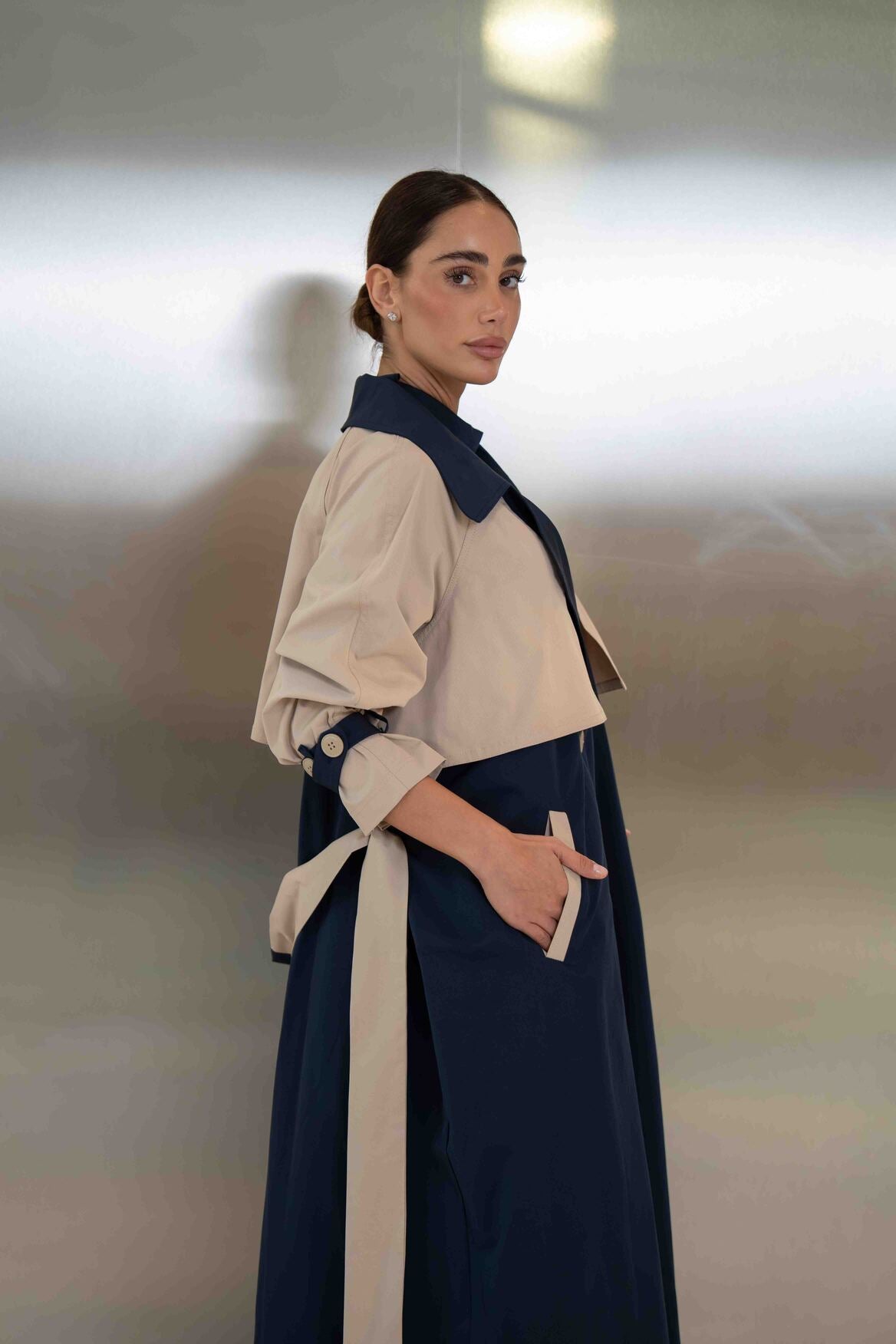 Navy & Beige Trench Coat Abaya - 2047