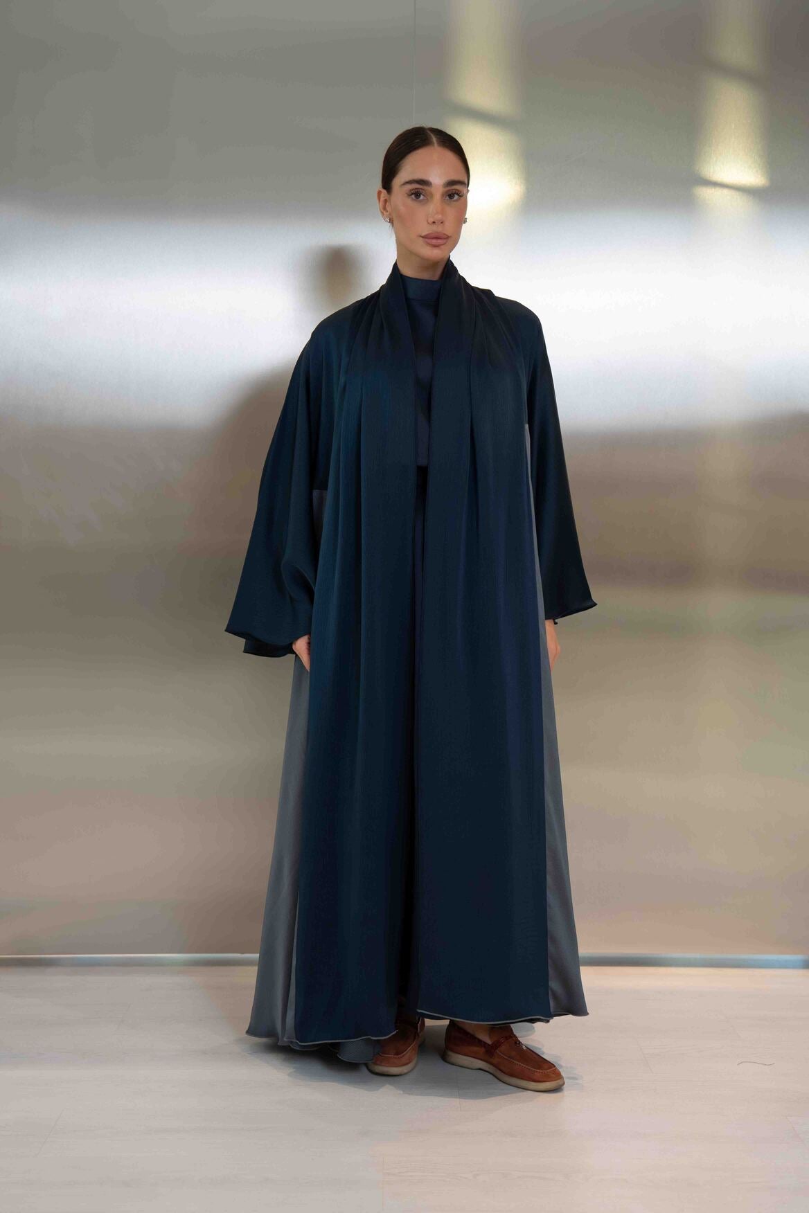 Navy & Grey Silk Crepe Abaya – 2051