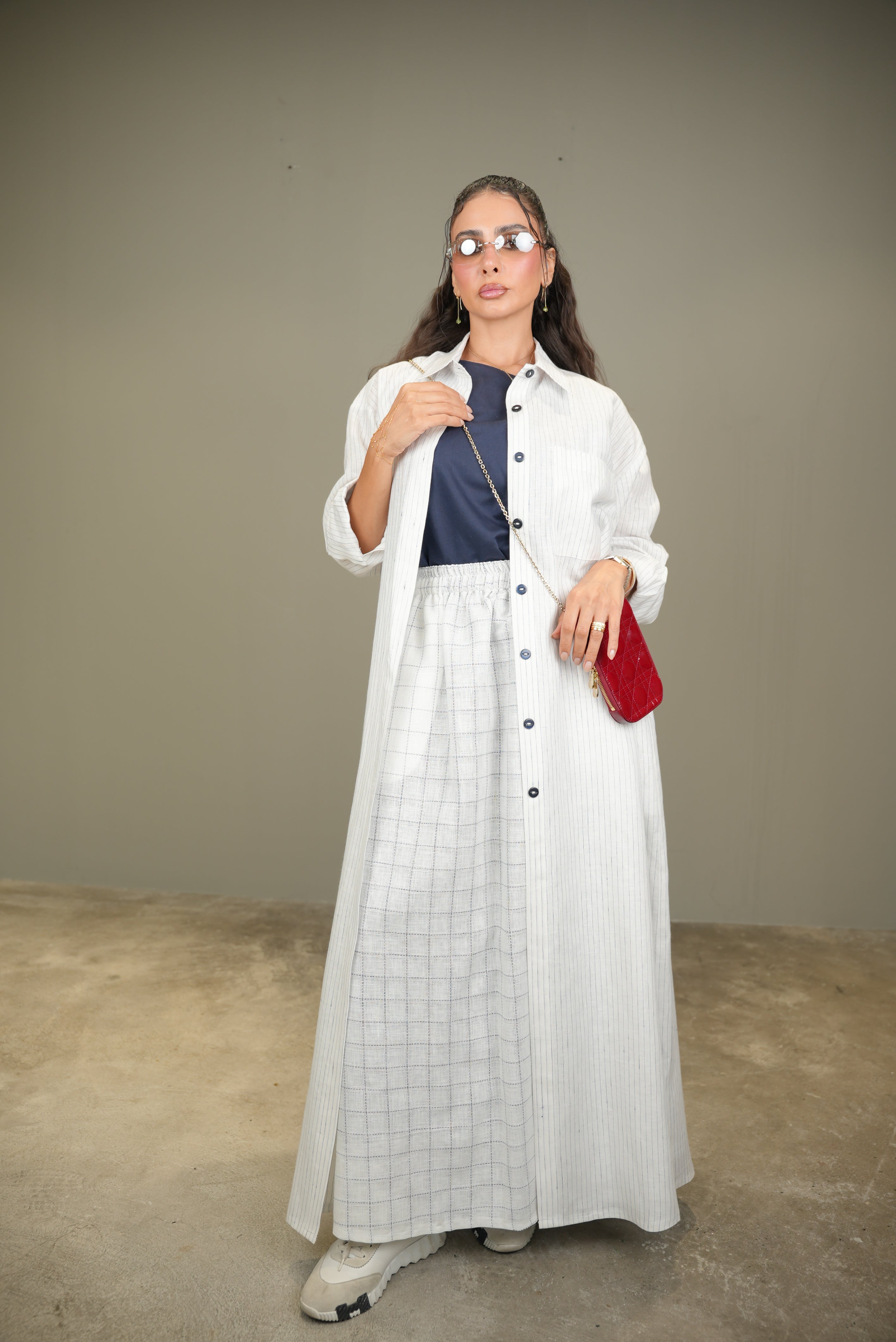 White Linen Abaya with navy Stripes-free size with inner set -1958