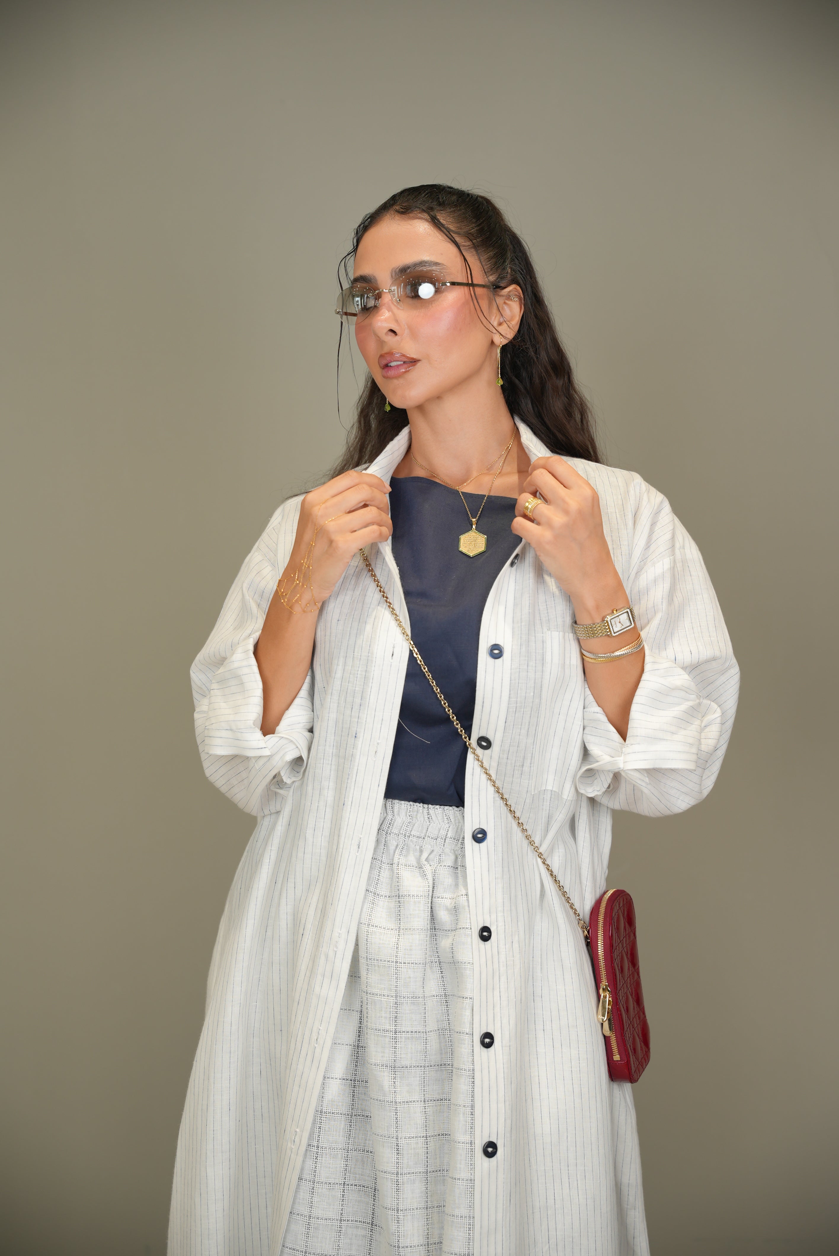 White Linen Abaya with navy Stripes-free size with inner set -1958