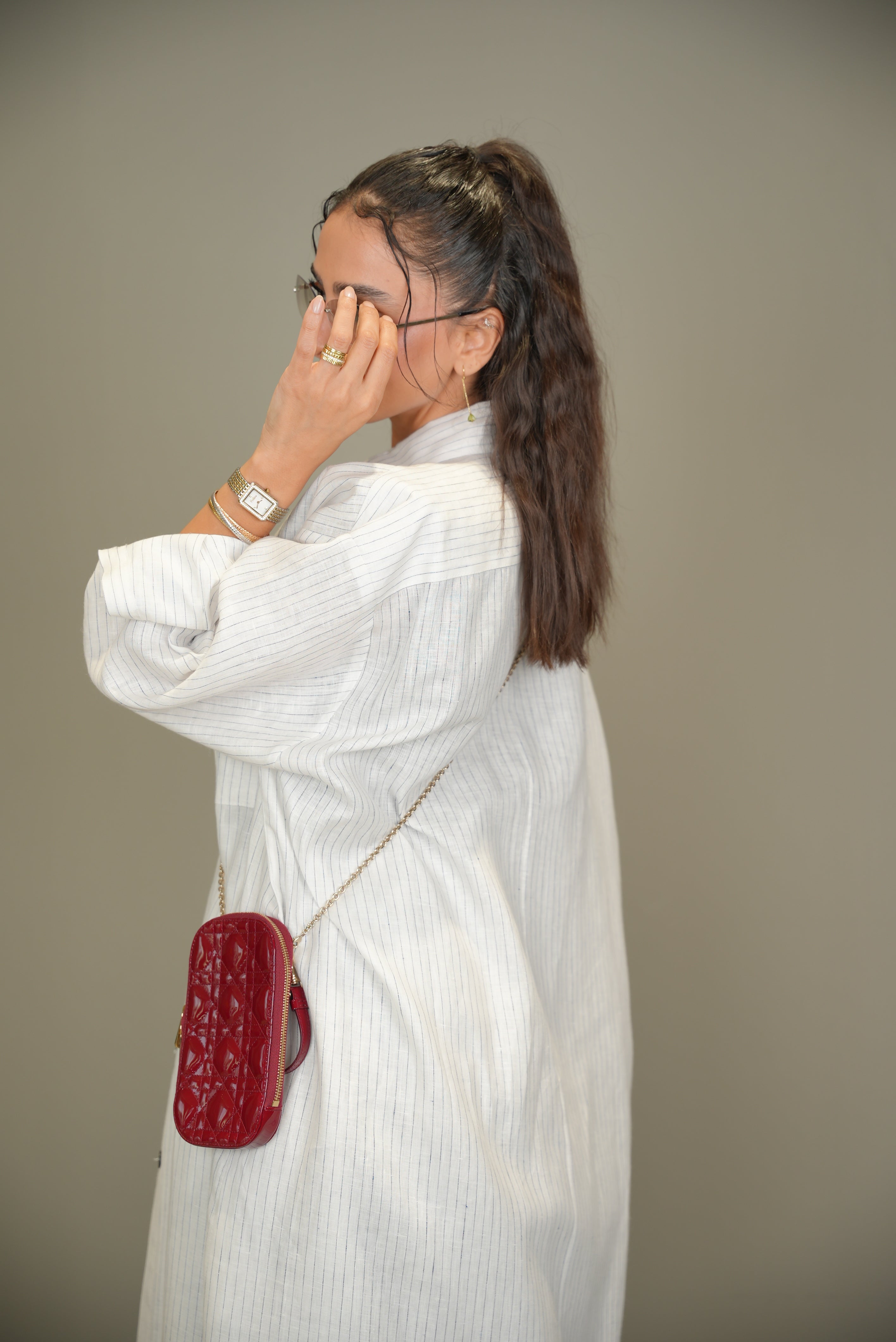 White Linen Abaya with navy Stripes-free size with inner set -1958