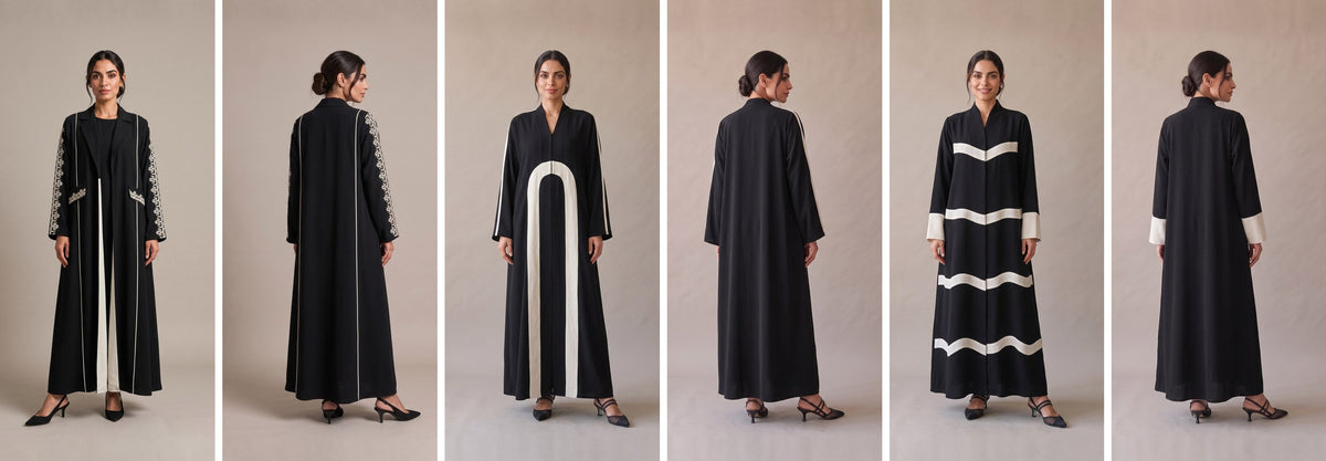 Three black abayas of our own design, each shown from the front and the back: with off-white embroidery on the sleeves, with an ivory arch, and with ivory wave bands.