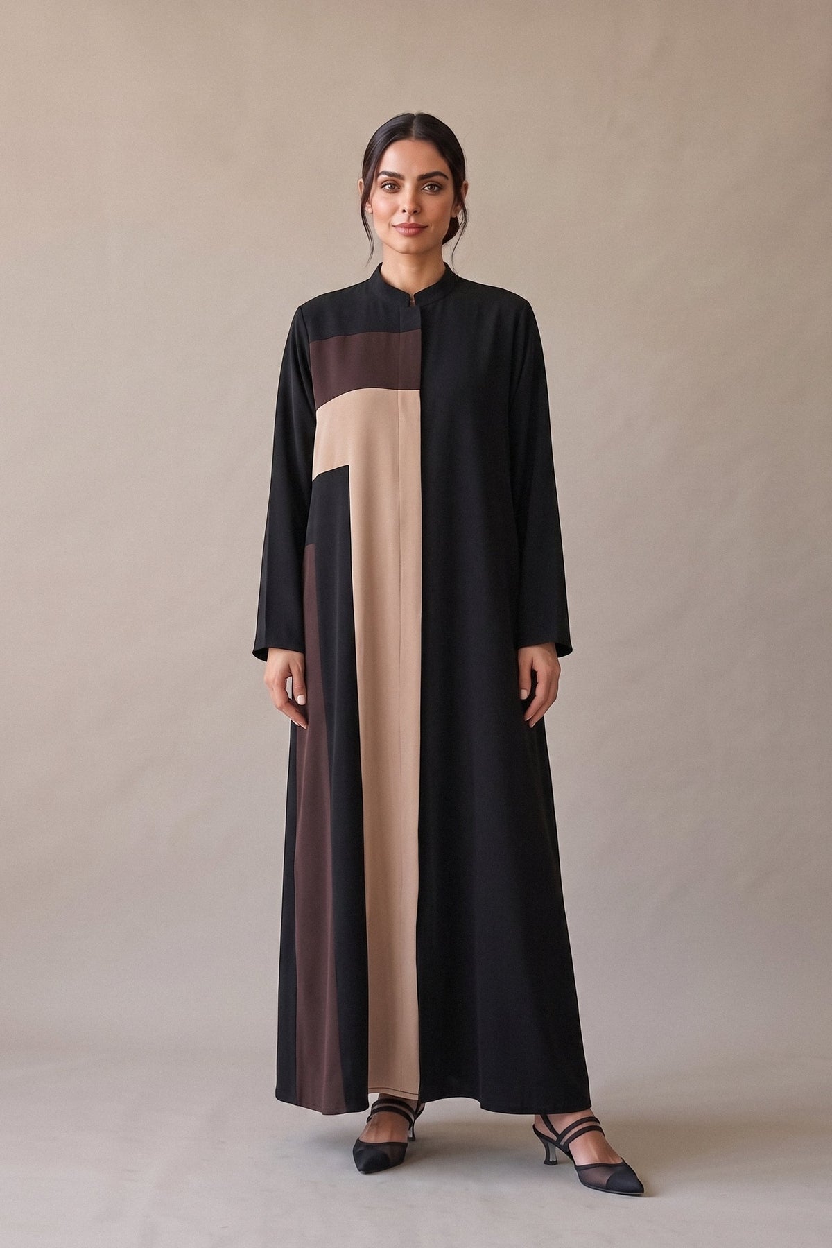 Black Crepe Abaya with Brown and Beige Details –2075