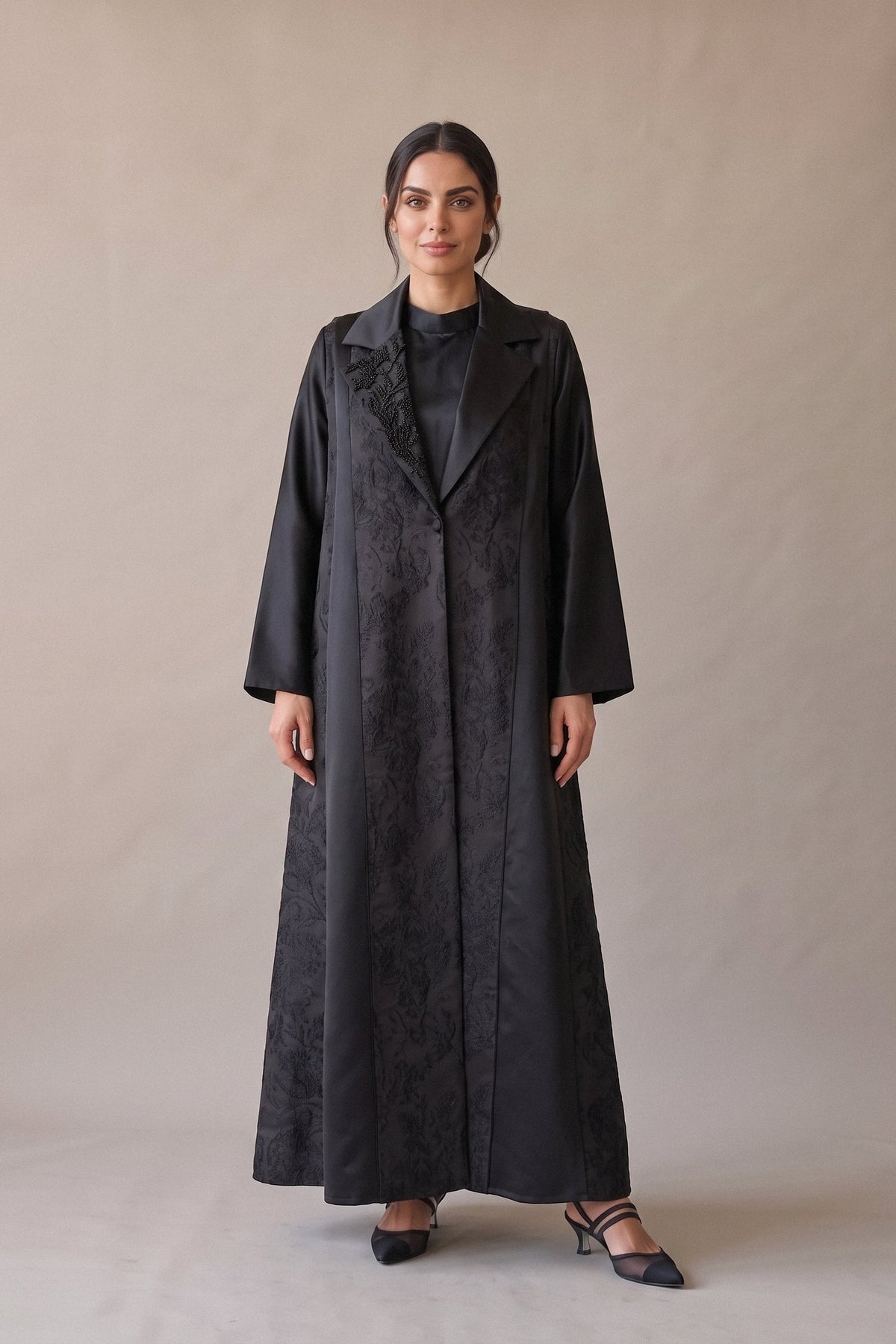 Black Printed Crepe Abaya with Plain Black Trim –2078