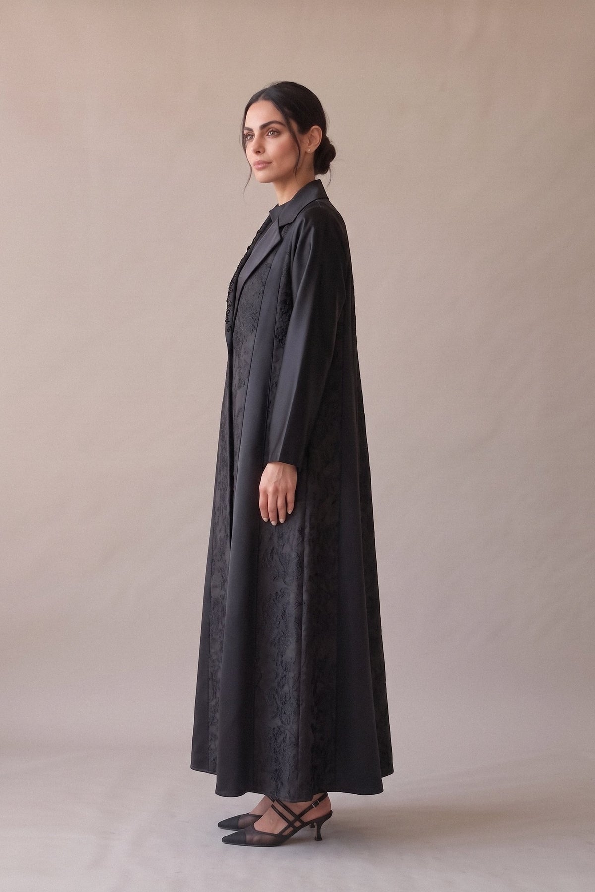 Black Printed Crepe Abaya with Plain Black Trim –2078