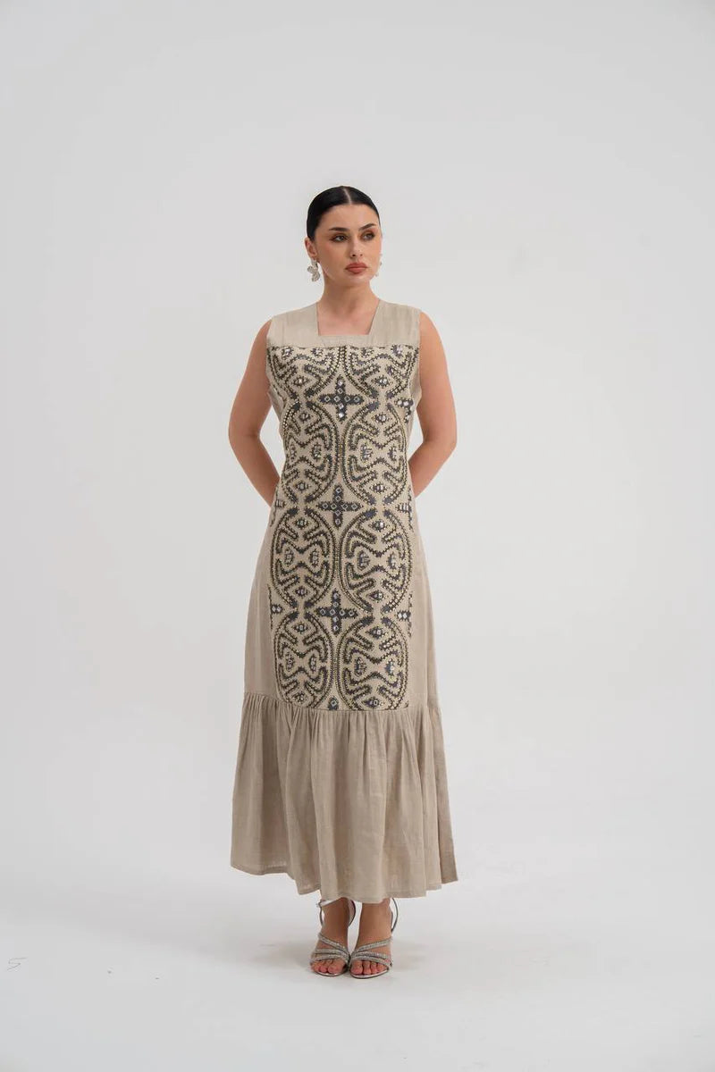 Linen abaya with beige embroidery (with inner set). C:6741