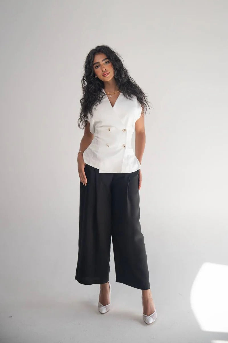 White linen vest set with black crepe pants C:206