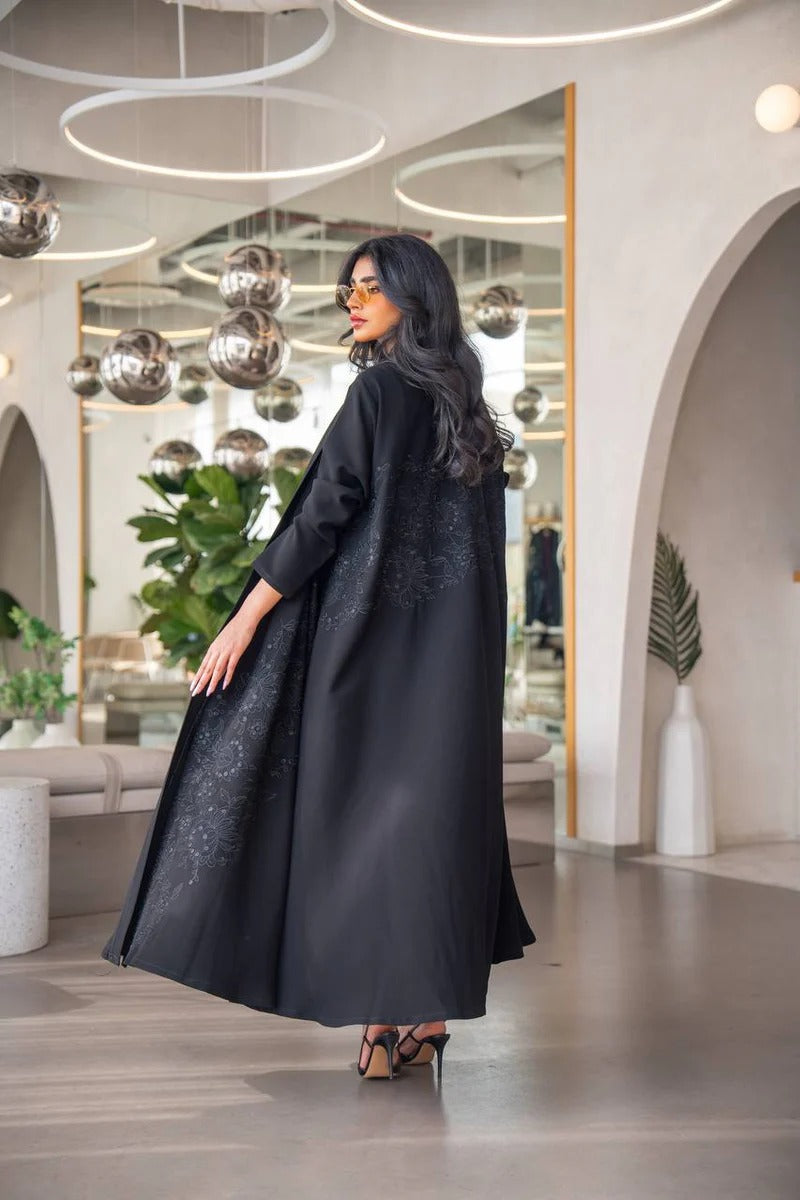 Black Cuban crepe abaya with embroidery C:6630 Black