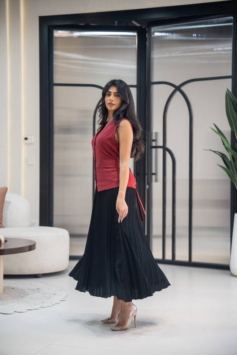 Linen dress with crepe C:152 Red-Black