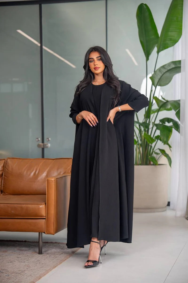 Free size abaya, black crepe fabric C:6628 (Free size)