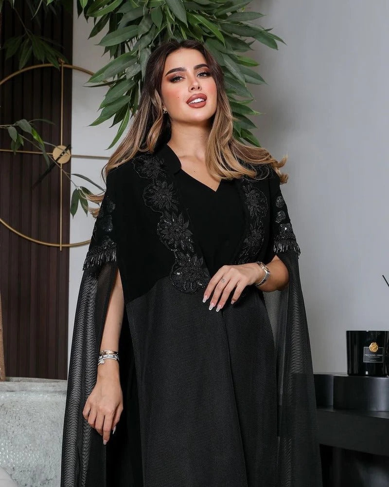 ABAYA CREPE WITH EMBROIDERY AND HANDMADE BEAT C:6327(Free size)