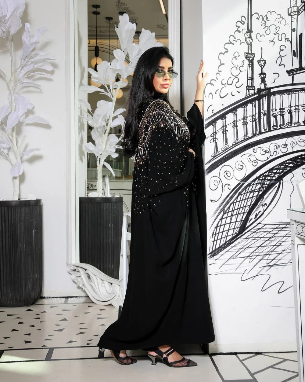 ABAYA BESHT CREPE WITH HANDMADE BEAT EMBROIDERY C:6361 (Free size)