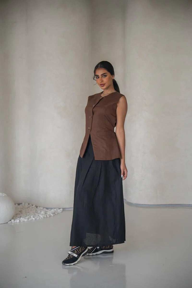 Brown vest set with black linen skirt C:204 Brown - black