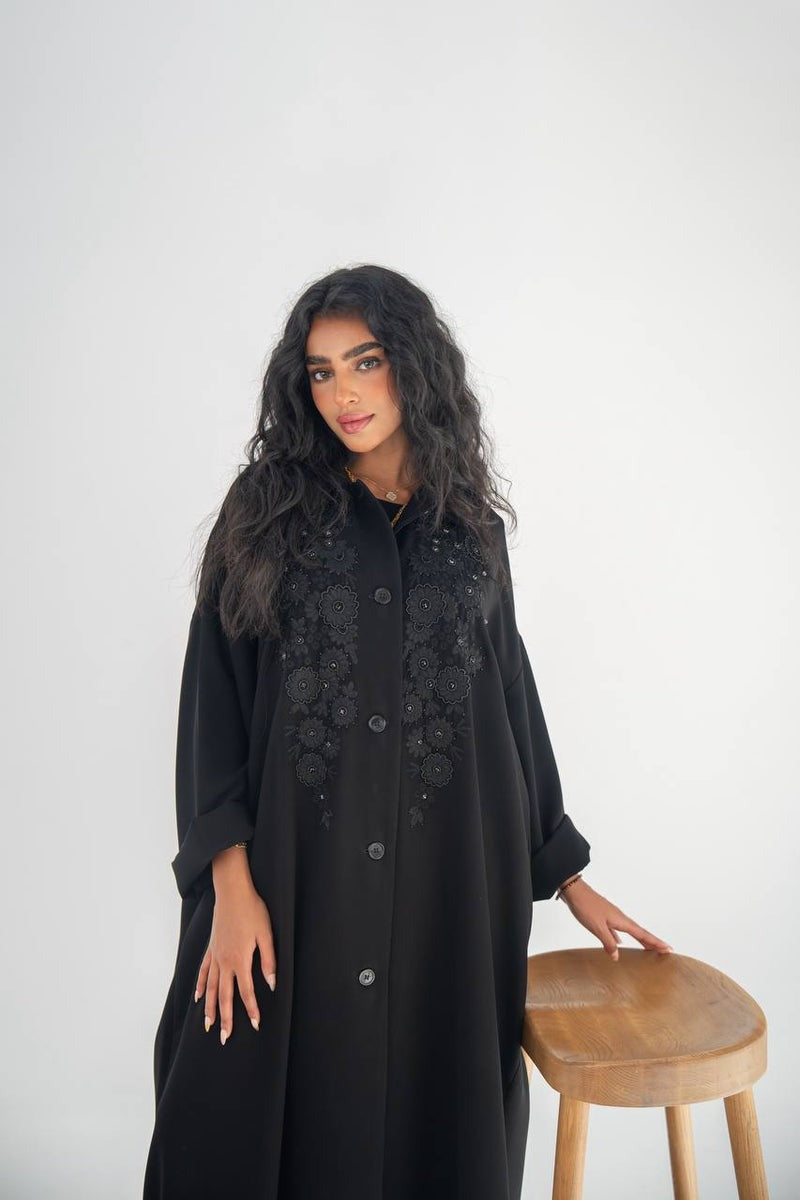 Black crepe abaya with hand embroidery and beading C:6650
