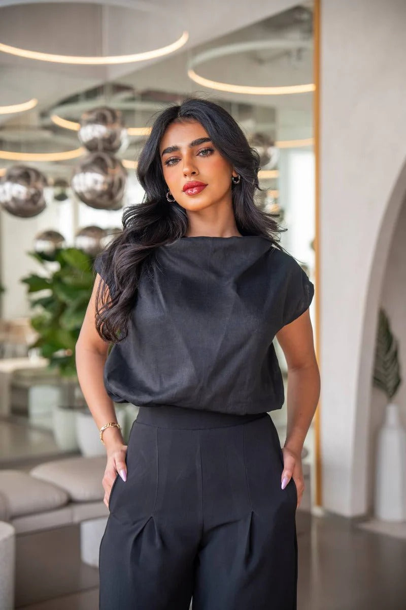 Linen blouse and crepe pants set, black C:150