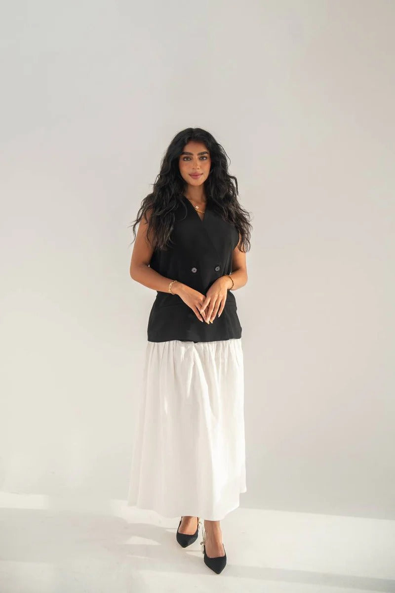 Black crepe vest with linen skirt C:208