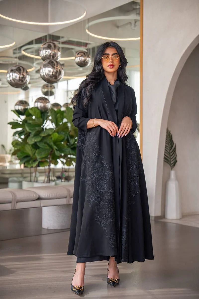 Black Cuban crepe abaya with embroidery C:6630 Black