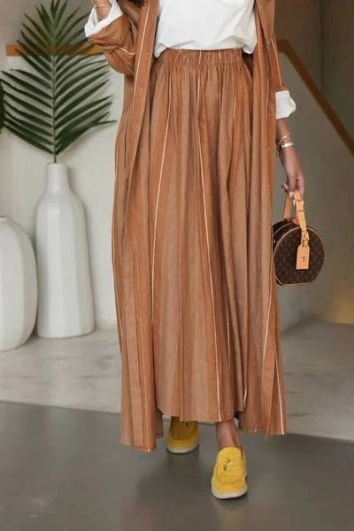 Beige Striped Camel Linen Skirt
