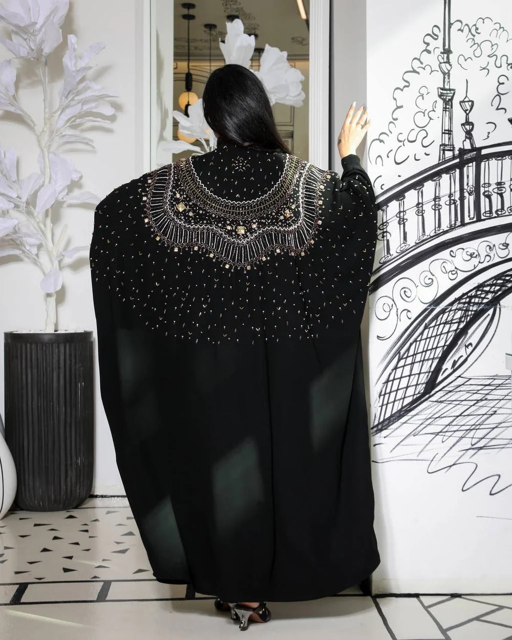 ABAYA BESHT CREPE WITH HANDMADE BEAT EMBROIDERY C:6361 (Free size)