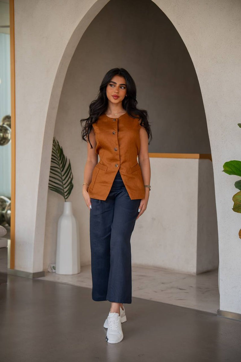 Navy blue pants and camel linen vest set, C:202 Camel-Black