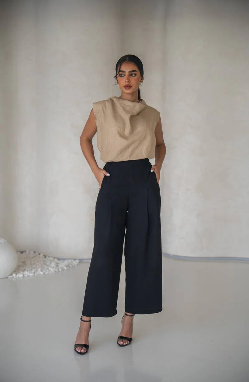 Beige linen blouse and black pants set C:150 Biege-black