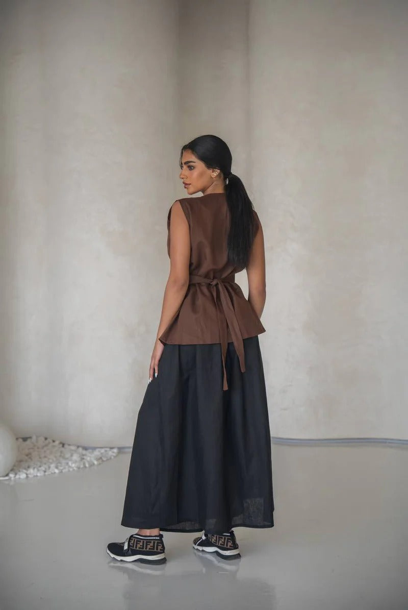 Brown vest set with black linen skirt C:204 Brown - black
