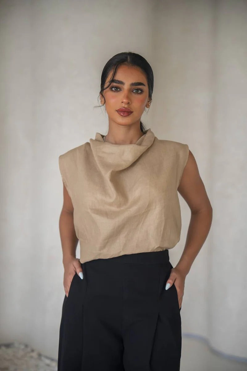 Beige linen blouse and black pants set C:150 Biege-black