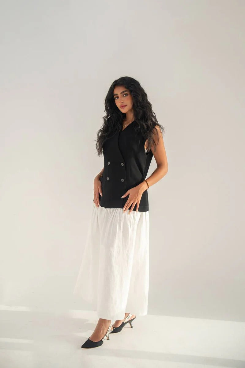 Black crepe vest with linen skirt C:208