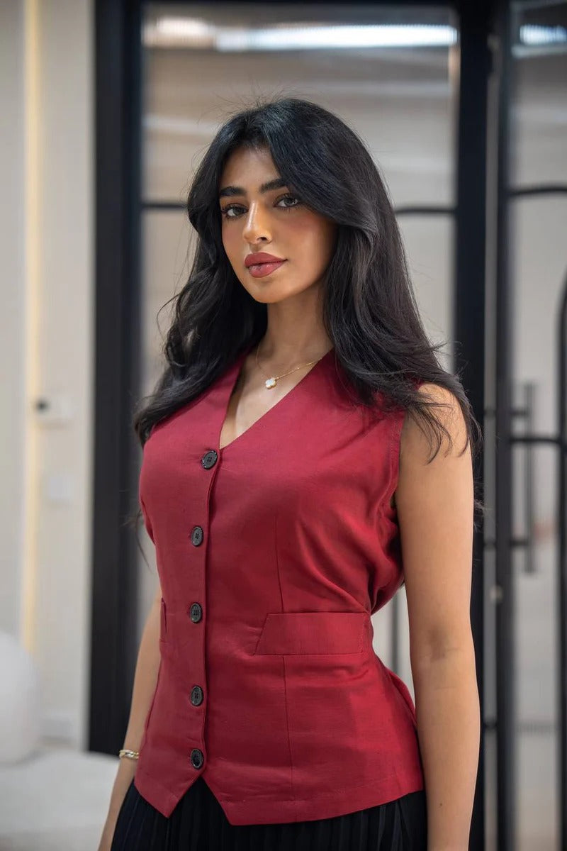 Linen dress with crepe C:152 Red-Black