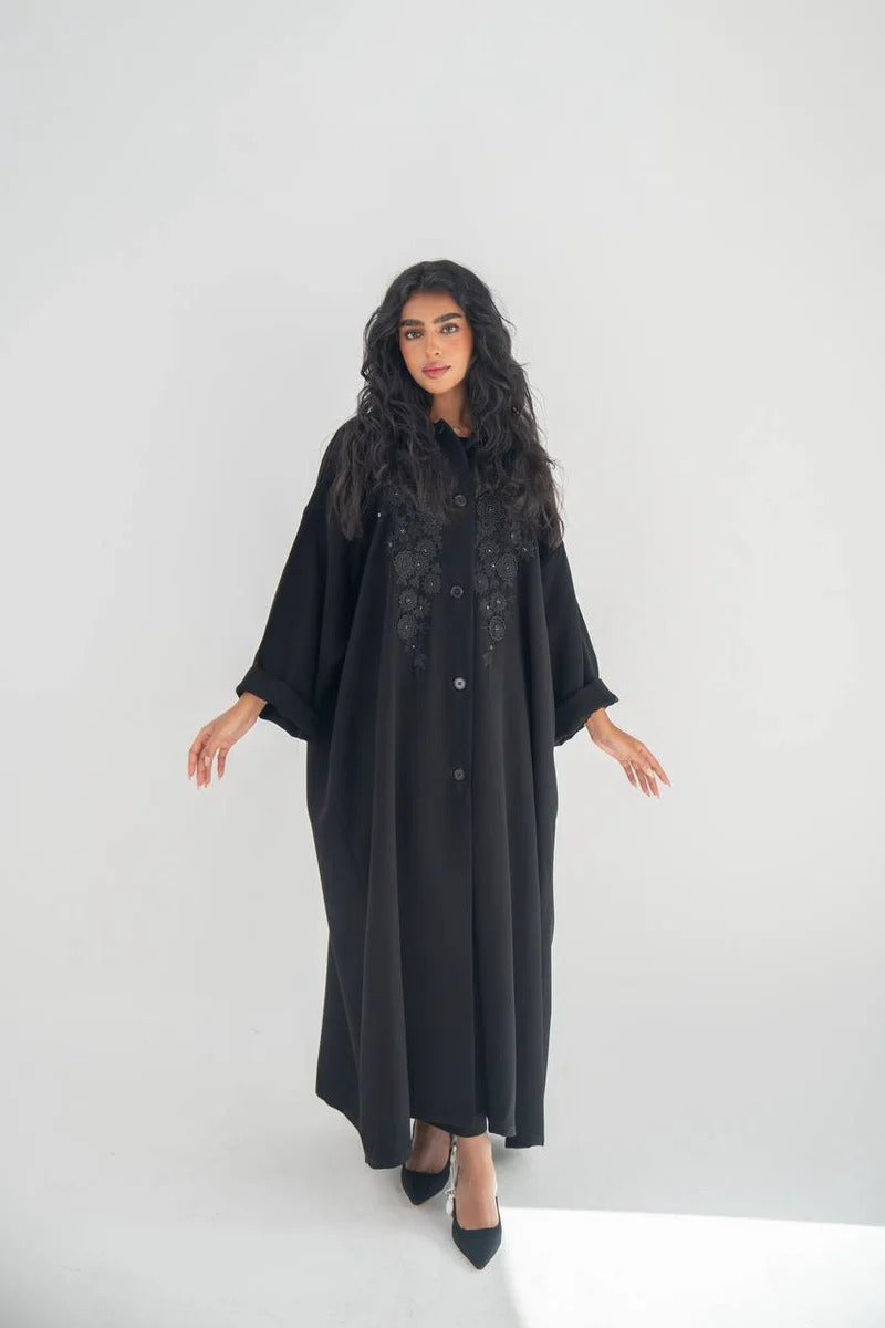 Black crepe abaya with hand embroidery and beading C:6650