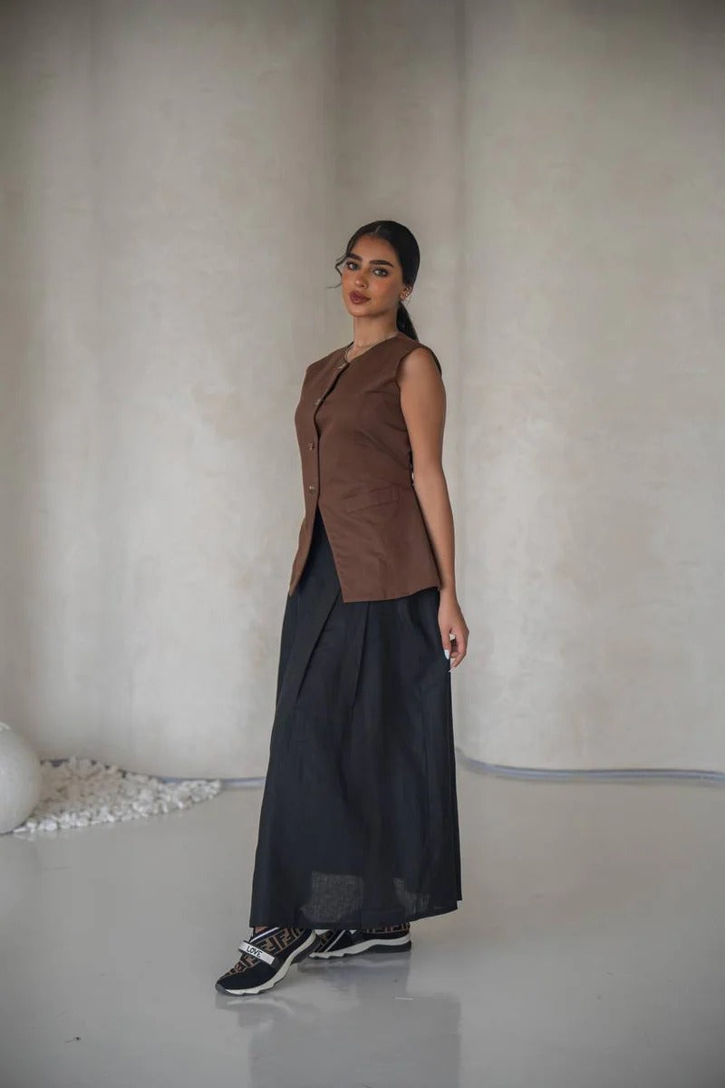Brown vest set with black linen skirt C:204 Brown - black