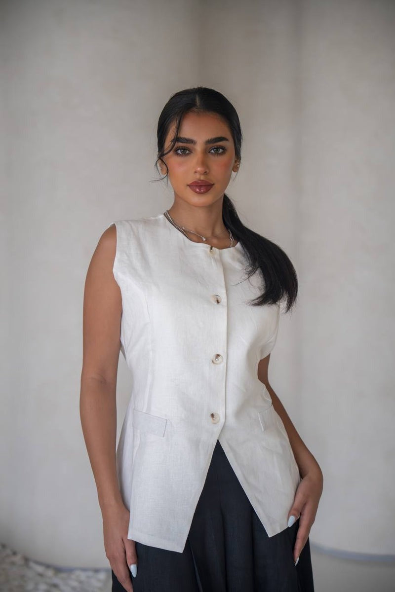 Linen vest and skirt set, C:204 White-Black