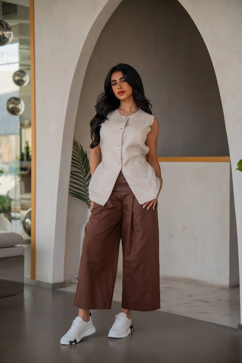 Set consisting of brown pants with a beige linen vest C:202 Biege-Brown