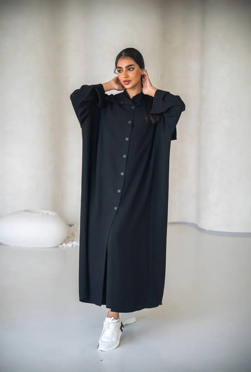 Free size abaya in black crepe fabric C:6638 (Free size)
