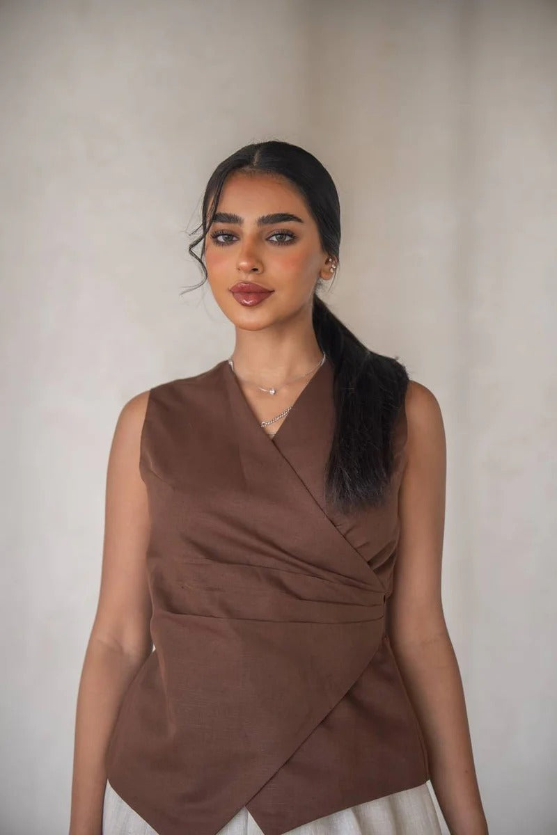 Linen blouse and skirt set C:205 Brown-Beige