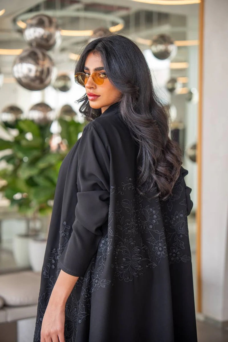 Black Cuban crepe abaya with embroidery C:6630 Black