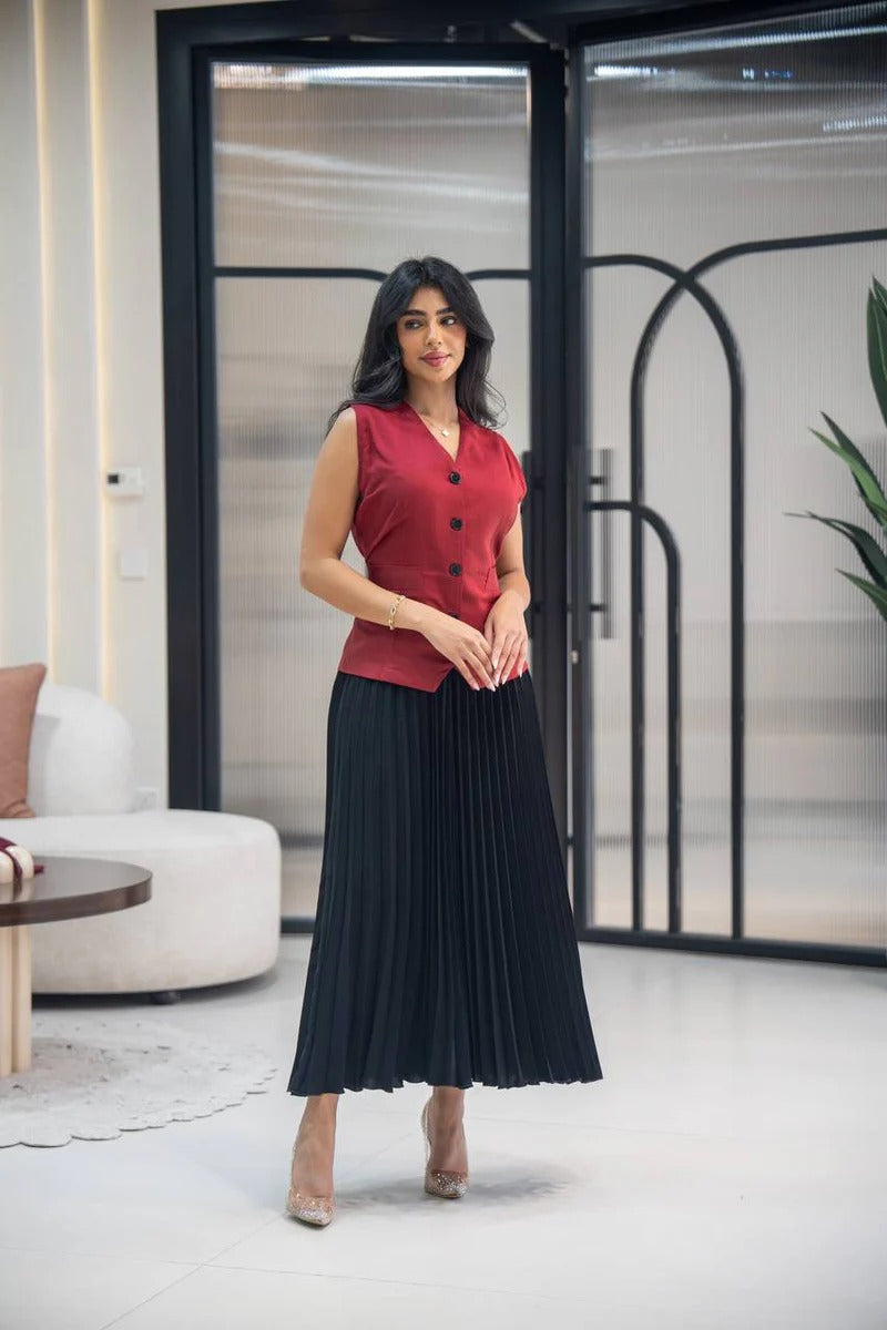 Linen dress with crepe C:152 Red-Black