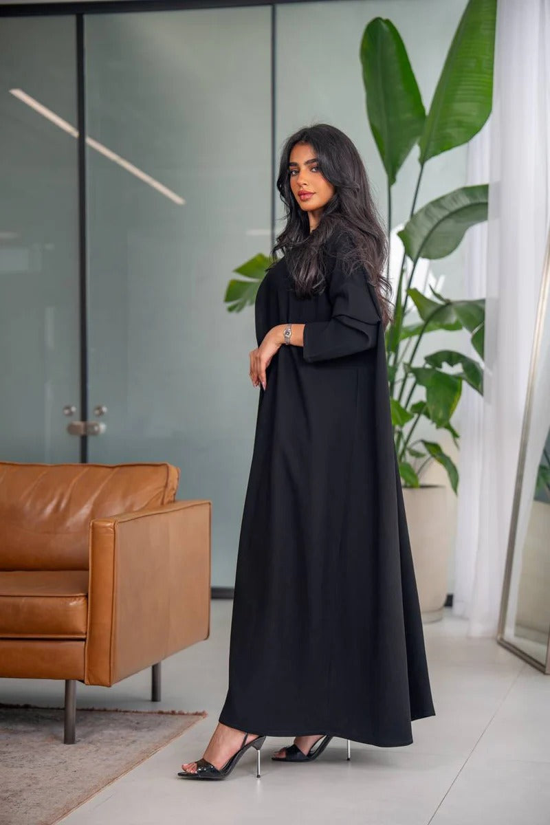 Free size abaya, black crepe fabric C:6628 (Free size)