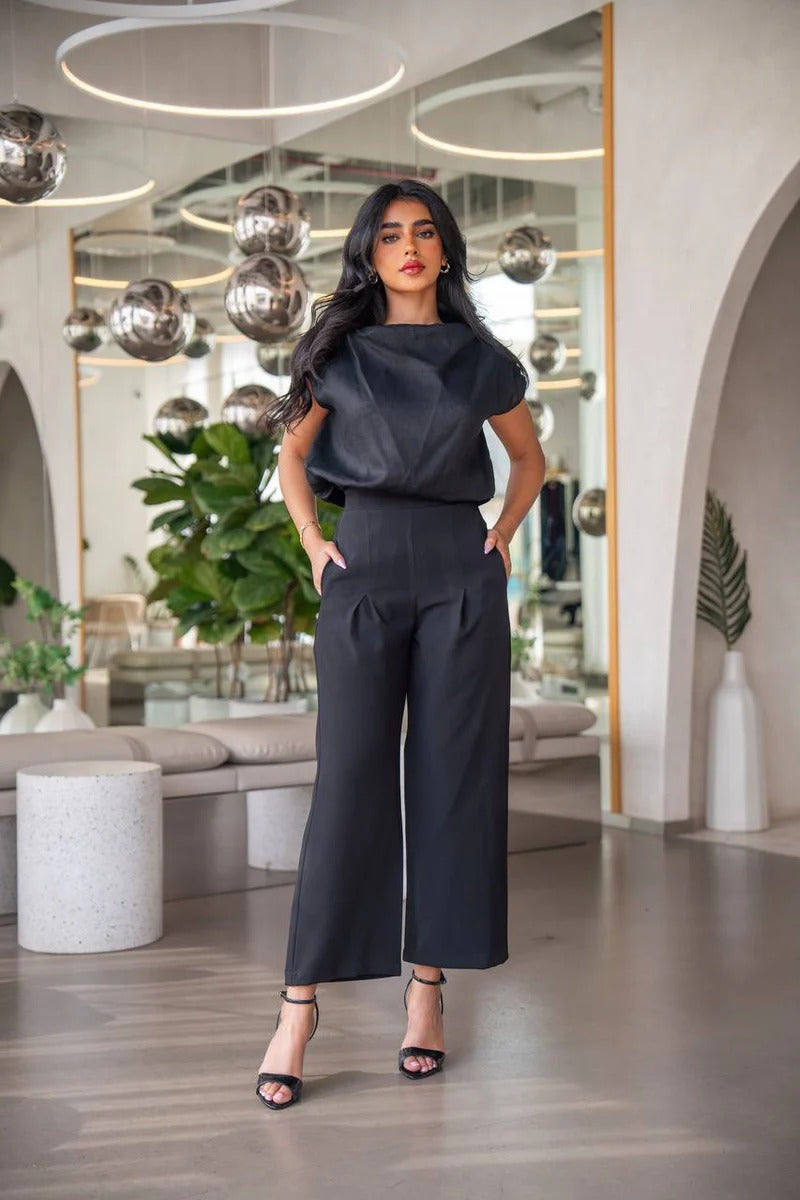 Linen blouse and crepe pants set, black C:150