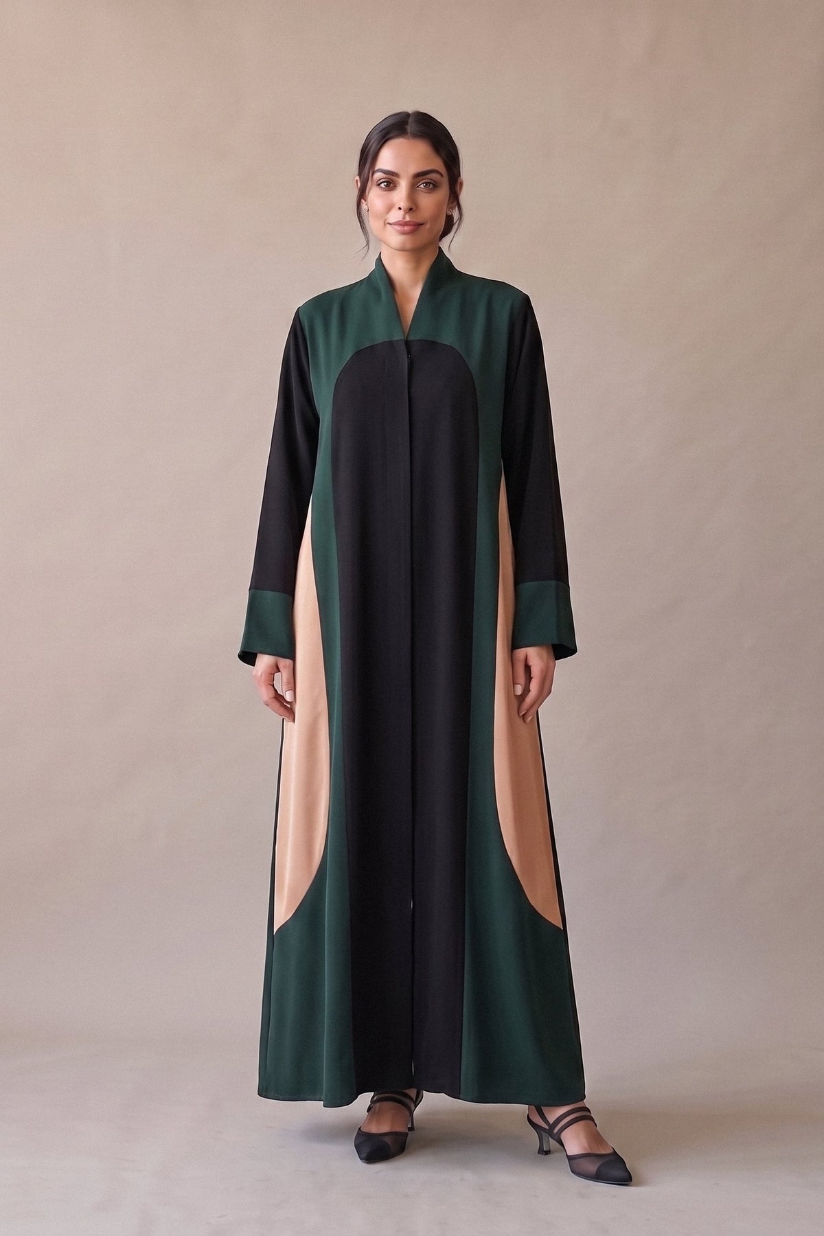 Black Crepe Abaya with Brown and Beige Details – 2074