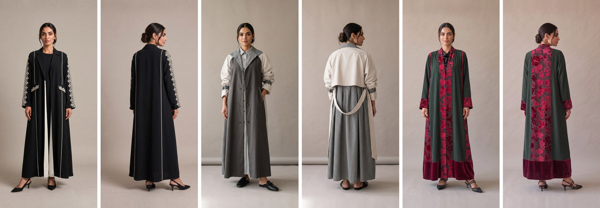 Three abayas of our own design, each from the front and the back: a black crepe abaya with embroidered sleeves, a navy and beige trench coat abaya and a green velvet abaya.