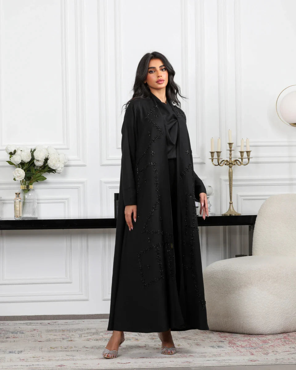 ABAYA BLACK LINEN WITH PEARL 6488 BLACK