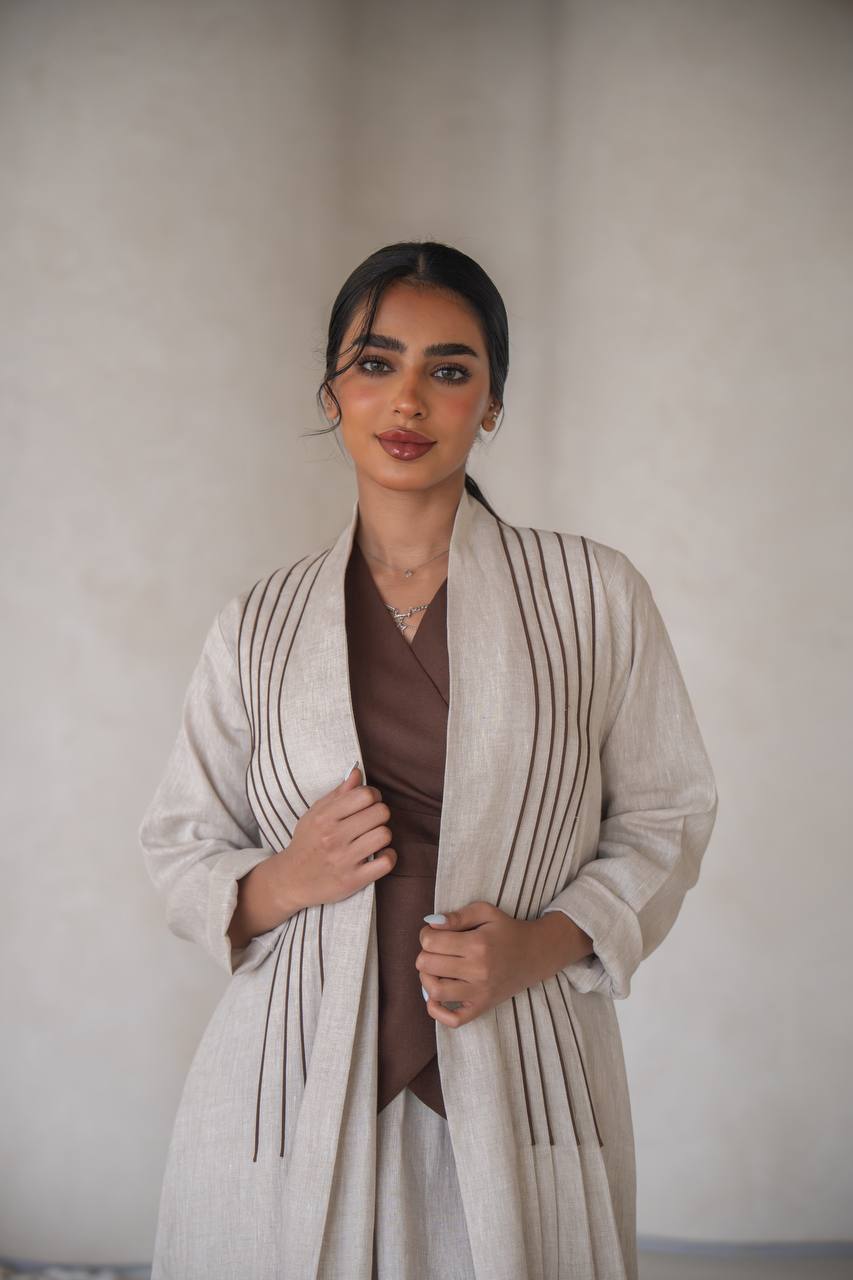 Abaya with a blouse and skirt made of natural linen C:6637 Beige