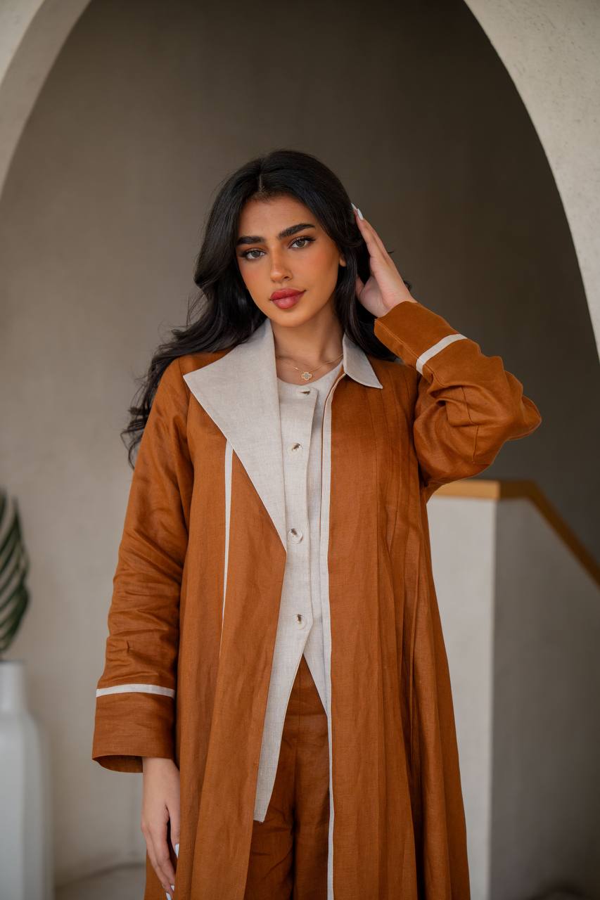 Abaya with inner set made of linen in camel and beige C:6636